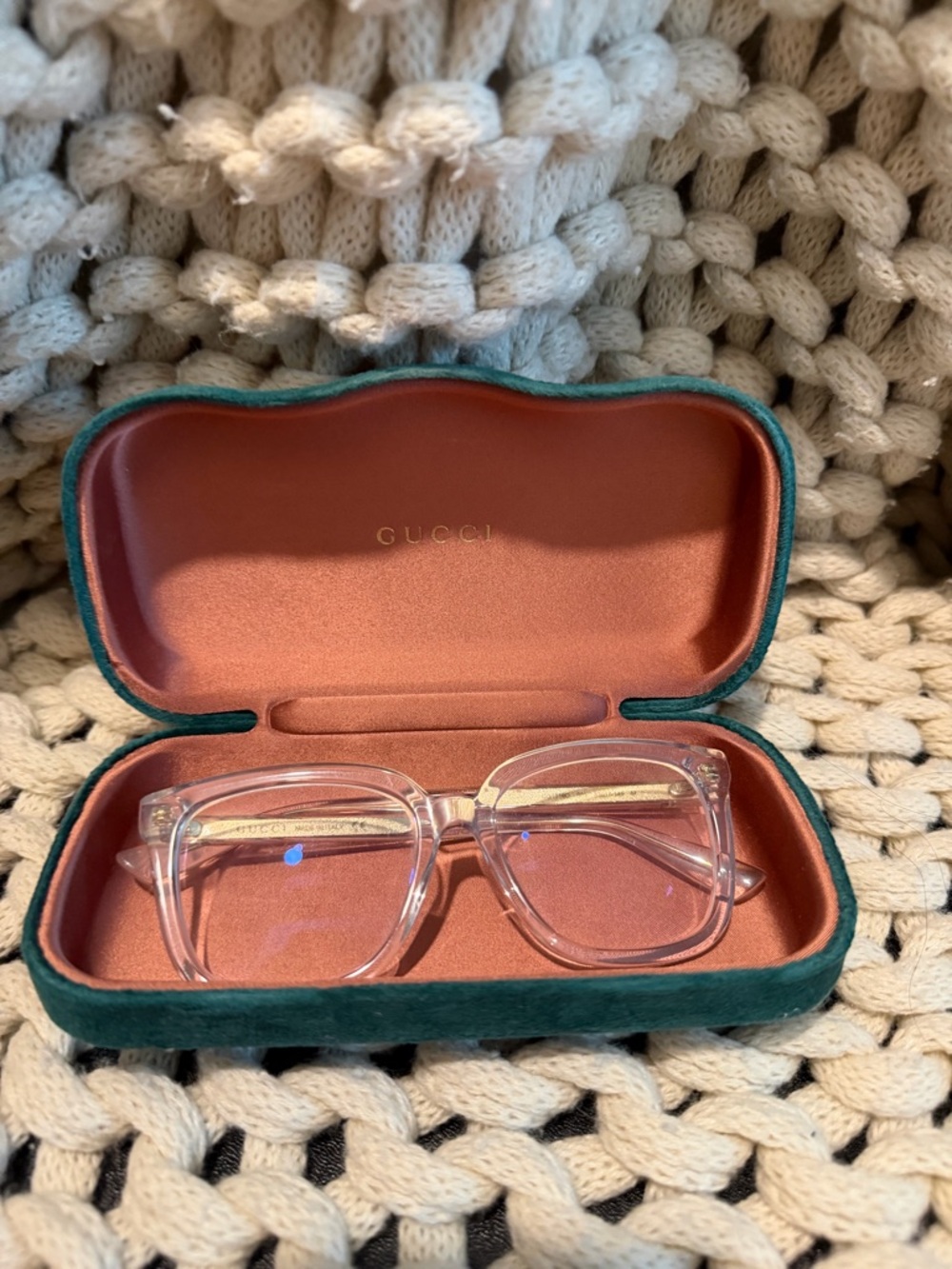 Gucci Transparent Square Glasses with Gold Detail - Picture 3 of 5